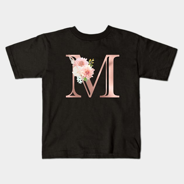 Letter M Rose Gold Monogram Blush Pink Flowers Kids T-Shirt by ColorFlowCreations